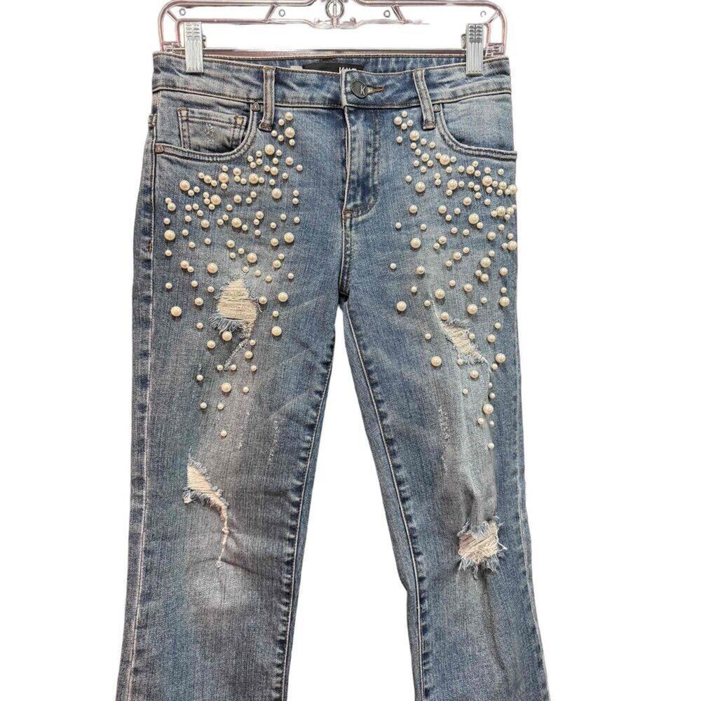 Kut From The Kloth Reese Ankle Straight Leg Pearl Embellished Jeans Distressed 0